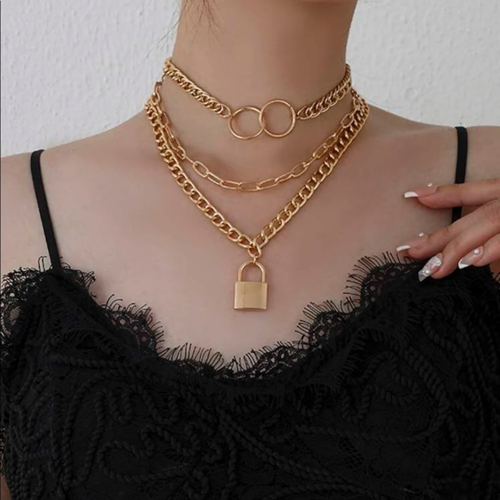GOLD 3/$30 3pc lock chain necklace